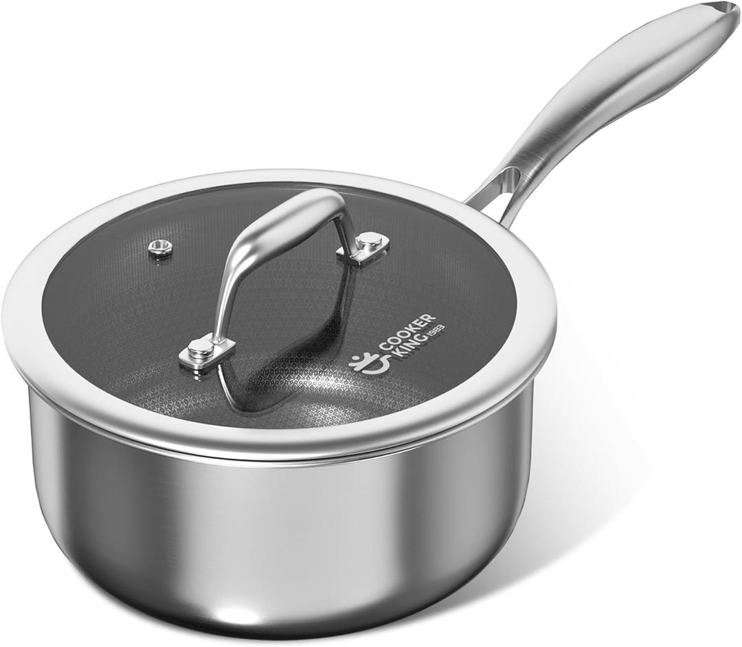 COOKER KING 2 Quart Stainless Steel Saucepan, Nonstick Sauce Pan, Ceramic Suce Pot with Tempered Glass Lid, Induction Pot Compatible with All Cooktops, Dishwasher & Oven Safe (PFAS/PFOA/PTFE Free)