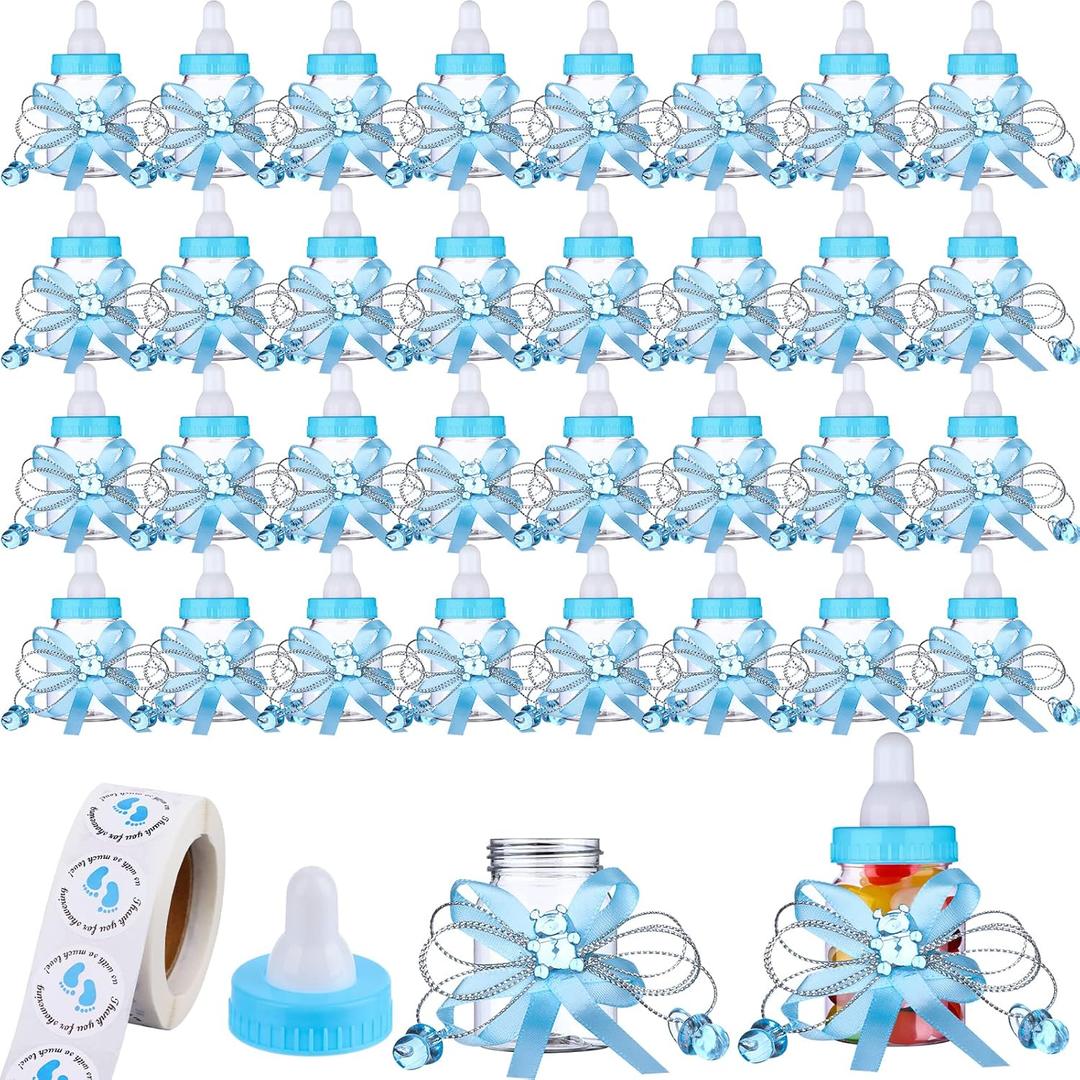 62 Pcs 3.5 Inch Baby Mini Milk Bottle Baby Shower Favor with 500 Adhesive Thank You for Showering Stickers, Small Plastic Bear Candy Bottle with Ribbon for Boy Girl Newborn Baptism Party Decor (Blue)
