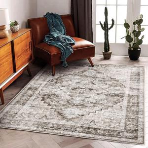 3'x5' Deep Khaki Vintage Washable Thin Area Rug Traditional Floor Cover Foldable Indoor Distressed Non Slip Carpet for Bedroom Living Room Bathroom