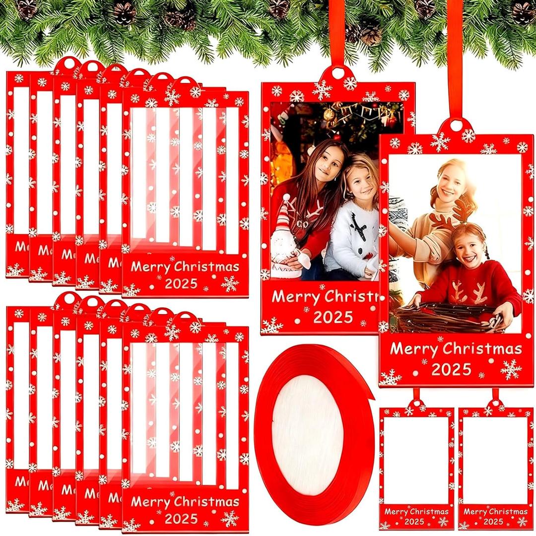 48 Pcs Merry Christmas 2025 Photo Frame Ornaments Acrylic 2 x 3 Picture Frame Ornaments Christmas Tree Decoration Compatible with Instax Polaroid Hanging Photo with Red Ribbon (Style 1)