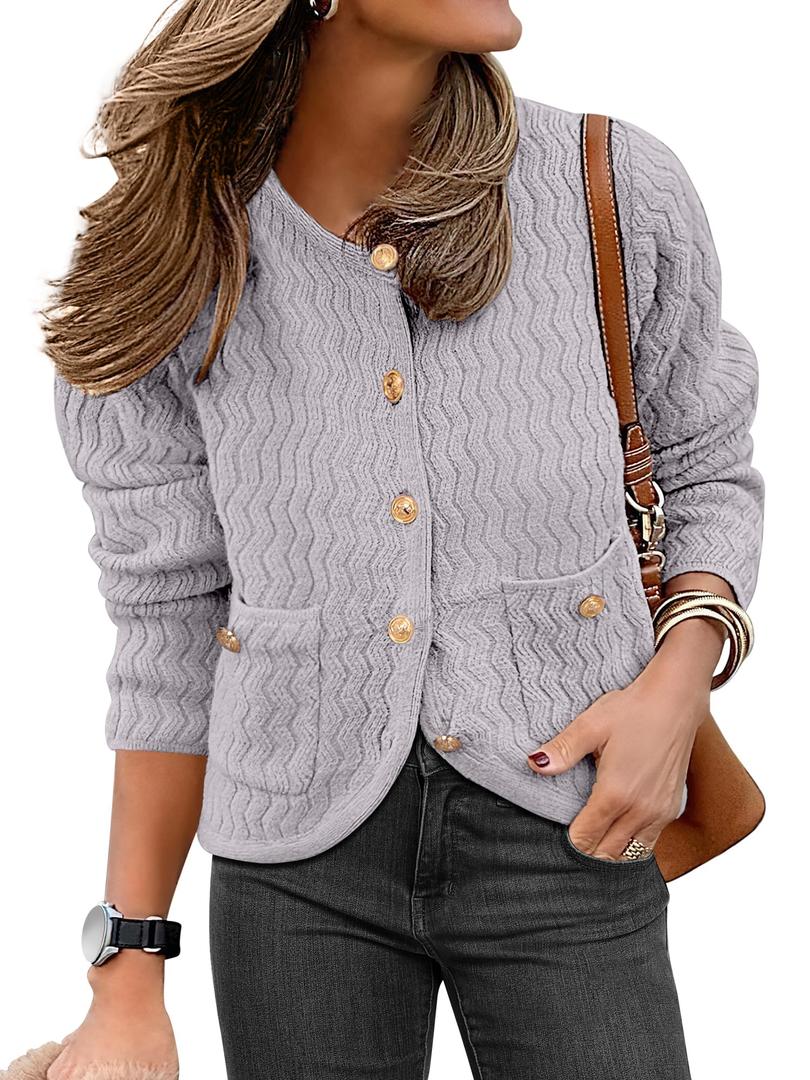 Caracilia Women's 2025 Fall Cardigan Sweaters Knitted Dressy Casual Jackets Trendy Outfits Light Grey S