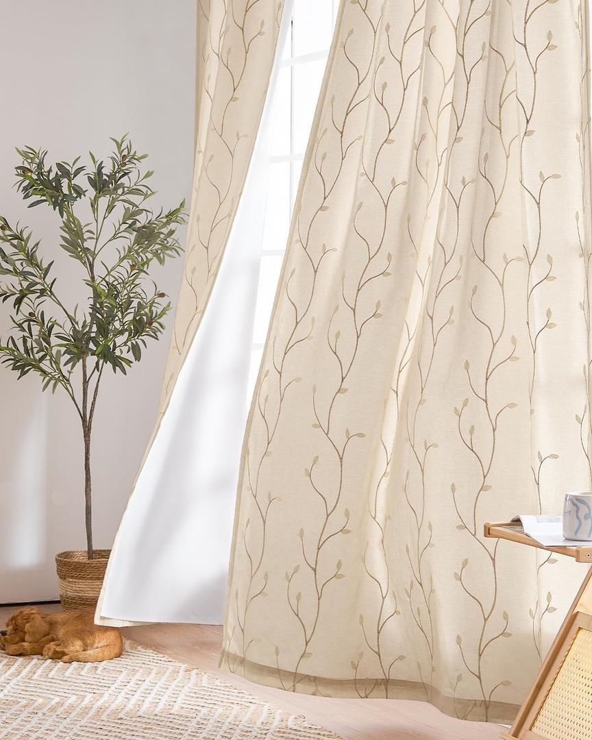 jinchan Lined Curtains Botanical Embroidered Sheers for Bedroom 84 Inch Length Embroidery Voile Leaf Curtains for Living Room Light Filtering Privacy Window Treatments 2 Panels Beige