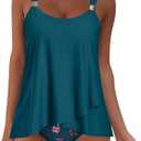SUUKSESS Women Ruffle High Waisted Tankini Swimsuit Tummy Control Bathing Suit (X-Large, 80 Green Floral)