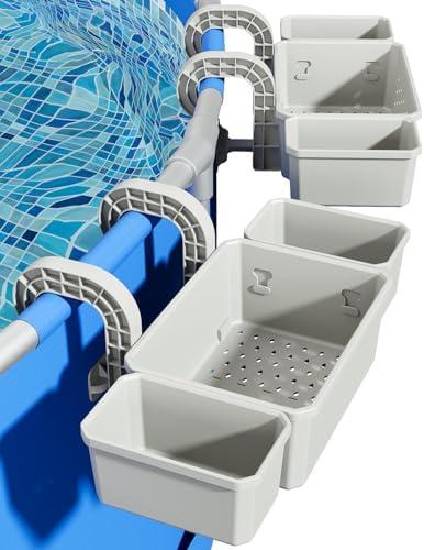 SHAPON Poolside Storage Basket with 2 Cup Holder, Stretchable Pool Toy Basket for Towels Beverages, Pool Accessories for Most Frame Above Ground Swimming Pools (2 Pack)