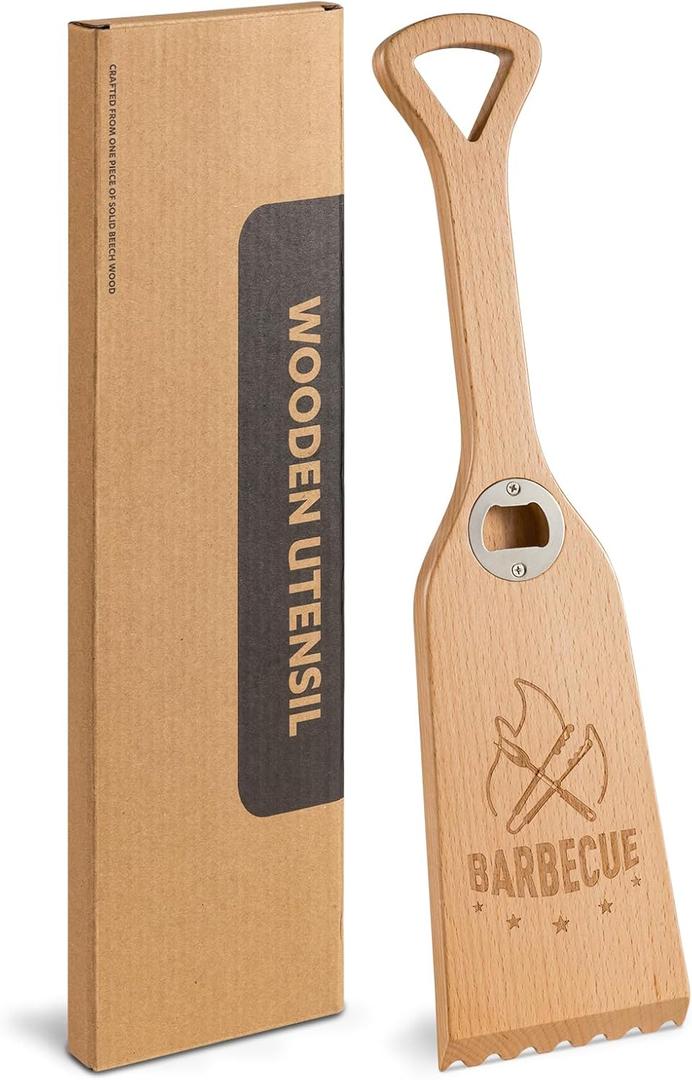 Wood Grill Scraper with Bottle Opener, 15.75" Heavy-Duty Wooden Grill Scraper for Outdoor Grill - One-Piece Solid Beech Wood, Bristle-Free - Natural Wood Grill Grate Brush Cleaner for BBQ