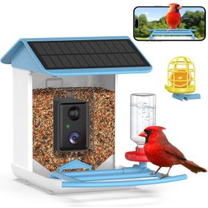 Bird Feeder with Camera, Free AI Forever for 11,000+ Species, 64G TF Card & 1080P HD, Solar-Powered Wireless Outdoor Design, App Alerts & Two-Way Audio for Garden (Sky Blue) (BF002)