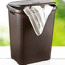 Mind Reader Slim Laundry Hamper with Lid, 50L Clothes Basket, Premium Wicker Design, Plastic, Brown