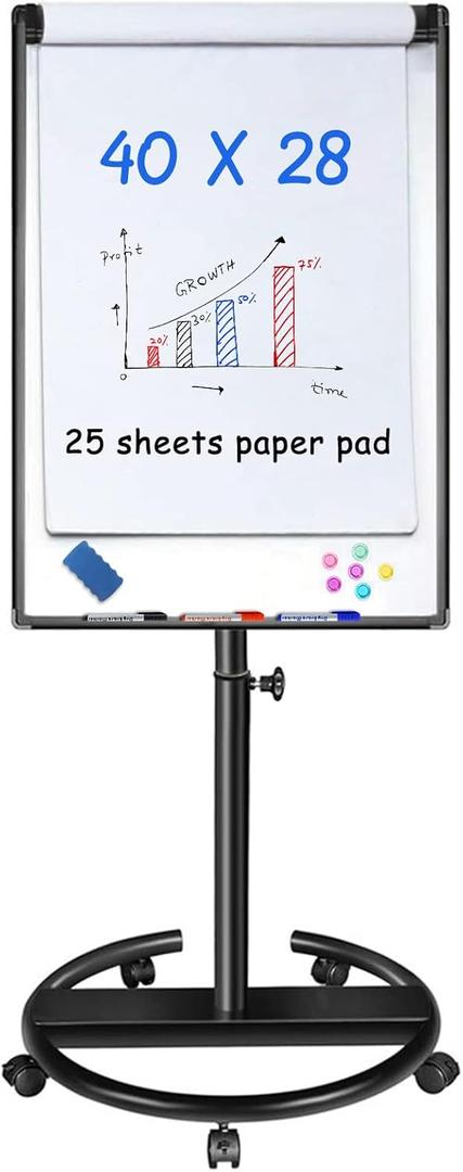 Maxtek Mobile Dry Erase Board 40x28 inches Magnetic Portable Whiteboard Stand Easel White Board Flipchart Easel Board with 25 Sheets Paper Pad