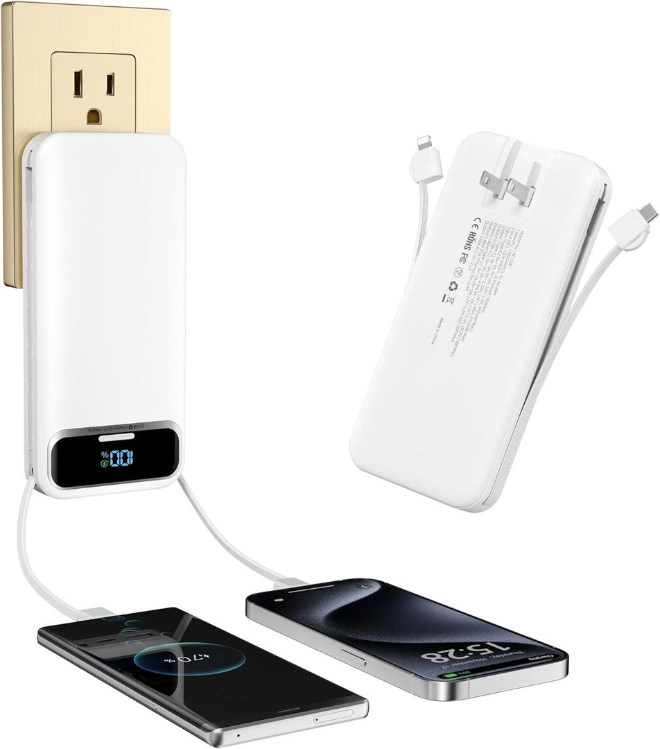 Portable-Charger Power-Bank with Built-in Cables & AC Wall Plug - 12000mAh PD 20W Fast Charging for iPhone,Samsung,Android, USB-C,Rechargeable External Battery Pack for Cell Phone,Type C,Travel White