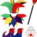 6 Pcs Halloween Jester Costume Includes Hat Collar Wand Mardi Gras Shoes Clown Costume Mask Joker Clown Outfit Funny Cosplay Accessory for Adult Men Women Circus Movie Party Masquerade