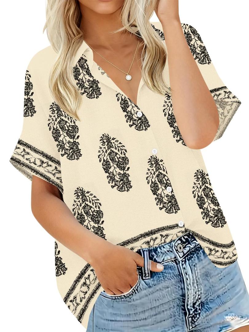 Summer Tops for Women Striped Button Down Shirts Collar Guaze Shirt Trendy Vacation Work Linen Blouse (M)