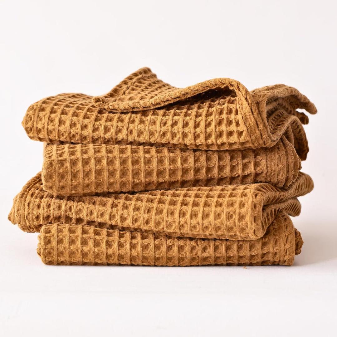 Premium Waffle Hand Towels Pack of 4 Extra Large 20x35 inch - 100% Turkish Cotton, Waffle Weave, Quick Dry, Lint Free, Super Absorbent, Thin Hand Bath Towel (Caramel, Set of 4 Hand Towels)