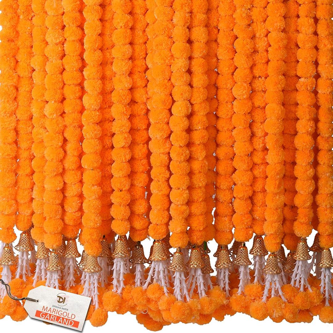 Marigold Garland for Decoration 5 Pcs of 5 feet Long Strands Artificial Marigold Flowers with Bell, Indian Dcor for Pooja/Diwali/Wedding/Christmas (Orange)