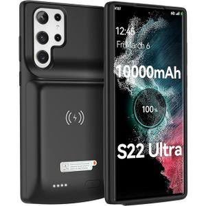 NEWDERY for Galaxy S22 Ultra Battery Case 10000mAh, Qi Wireless Charging & Fast Charging Supported, Powerful Rechargeable Charger Cover for Samsung S22 Ultra 5G-6.8" Black