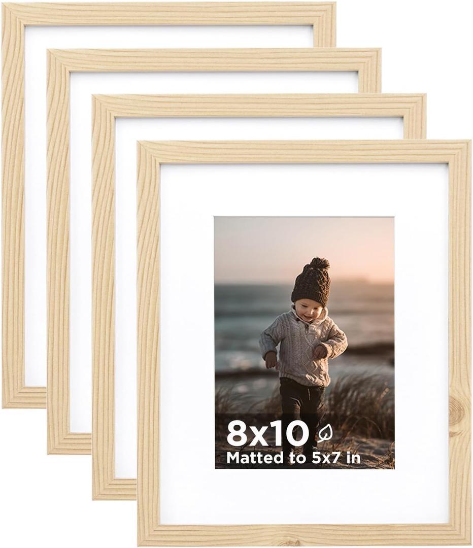 KINLINK 8x10 Picture Frame Wood Grain Set of 4, Wooden Photo Frames Matted 5x7 with Plexiglass for 5x7 with Mat or 8x10 without Mat for Table and Wall Display