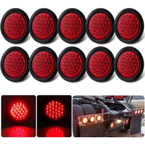 10Pcs 4" Inch Round Red LED Trailer Tail Lights 24 LED 4" Round LED Stop Turn Tail Lights Trailer Brake Lights Waterproof Flush Mount w/Grommets 3-Prong Wire Pigtails for Trucks RV UTE UTV 12V