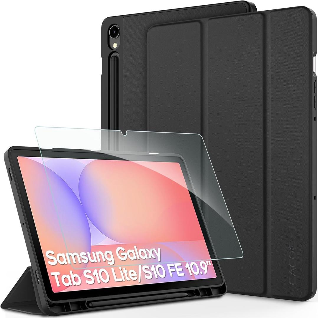 CACOE Case for Samsung Galaxy Tab S10 Lite / S10 FE / S9 FE 10.9-Inch/ S9 11 Inch with Screen Protector, Foldable Stand Slim Protective Slim Case, Auto Screen On/Off, Black
