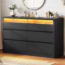 Modern Black 6 Drawer Dresser for Bedroom with LED Light, Large Chest of Drawers with Hidden Handles, Double Wooden Dresser Closet for Living Room, Entryway, Hallway - Black