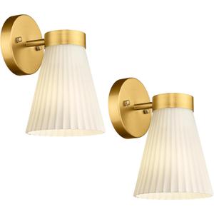 Gold Wall Sconces Set of Two, HWH Modern Bathroom Vanity Sconce Wall Lighting Indoor Wall Lamp with Frosted White Striped Glass, 5HZG97B-2PK BG