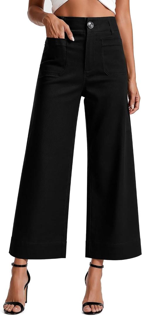 MOHHOM Womenâ€™s High Waisted Wide Leg Cropped Pants Stretchy Business Casual Work Pants with Pockets(Black,Small)