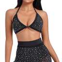 Women Sparkle Rhinestone Mesh Sheer Bikini Sets Halter Bra Top High Waist Shorts Bottom Swimsuits Rave Outfit (Black, M)