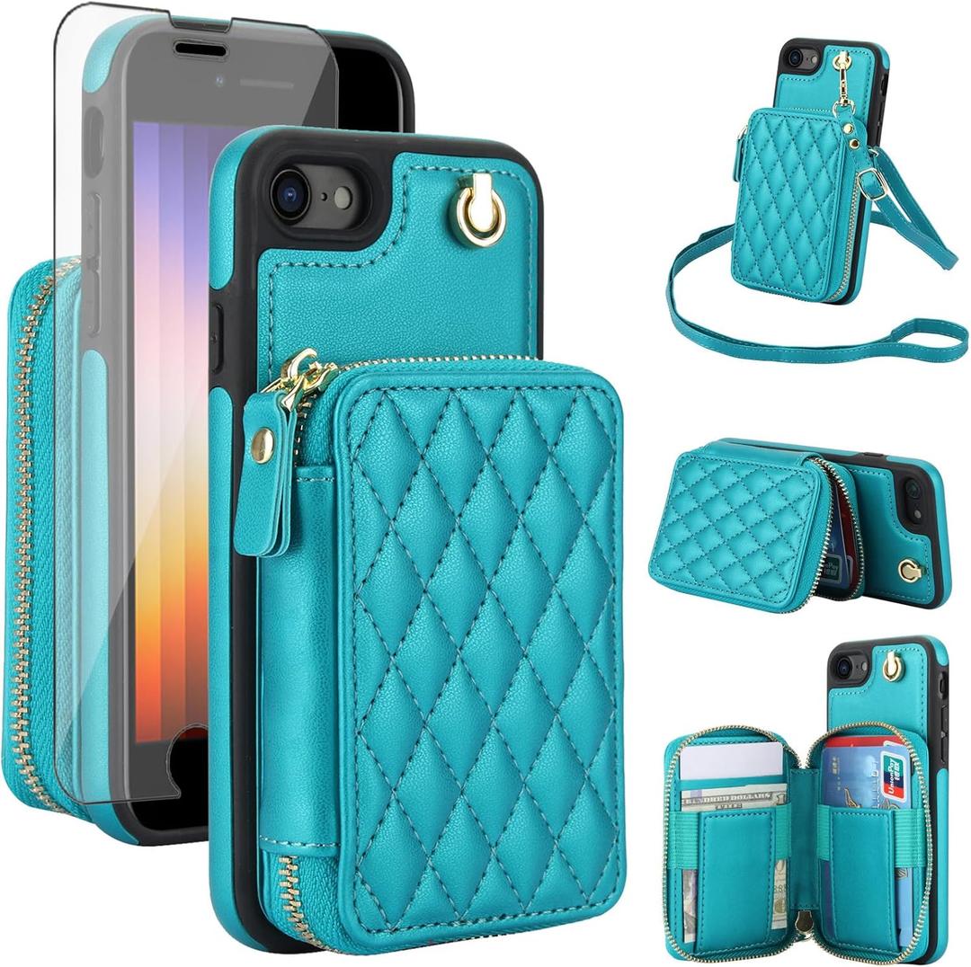 Phone Case for iPhone 7/8/SE 2020/2022 Wallet Cell Cover with Screen Protector RFID Blocking Card Holder iPhone7 iPhone8 7s 8s i SE2020 SE2022 2/2nd/3/3rd Generation SE2 SE3 7SE 8SE Women Girls Green