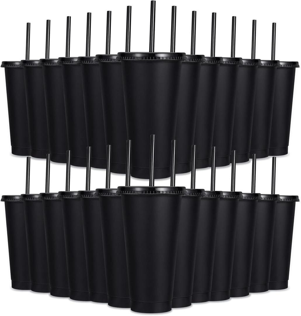24 Pack Plastic Tumblers with Lids and Straw, Reusable Cups with Lids and Straws Colorful Cups for Cold Drink Iced Coffee, Plastic Tumbler Bulk for Party Birthday Gifts (24 oz, Stylish Colors-Black)