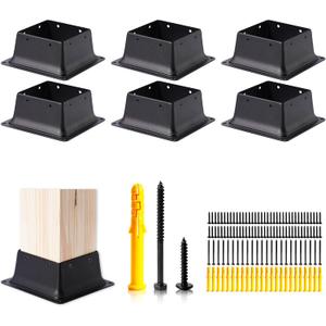 4 x 4 Post Base, 6 Pcs (Inner Size 3.6"x3.6"Deck Post Base) Heavy Duty Metal Black Powder Coated Post Brackets Fit for Standard Wood Post Anchor for Deck Porch Handrail Railing Support
