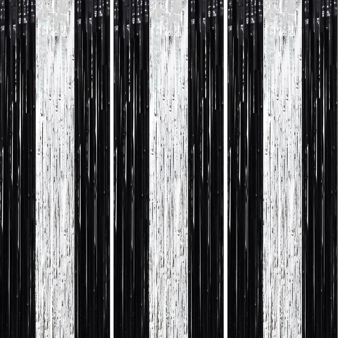 Voircoloria 3 Pack 3.3 x 8.2 ft Black and Silver Foil Fringe Backdrop Curtains, Tinsel Streamers Party Decorations, Fringe Backdrop