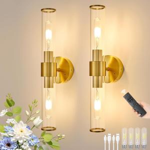 Gold Battery Operated Wall Sconces Set of 2, Rechargeable Wall Lights with Remote Control, 20 Inch Modern Wireless Wall Lamp for Bedroom, Living Room with Clear Glass Shade (Bulbs Included)