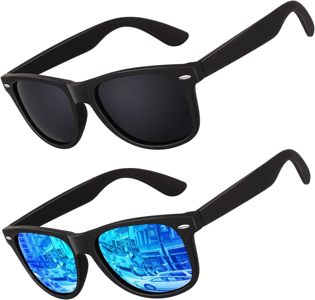 LINVO Polarized Sunglasses for Men Womens Driving Sun glasses Shades 80's Retro Style Design Square (B Matte Black Grey & Ice Blue)