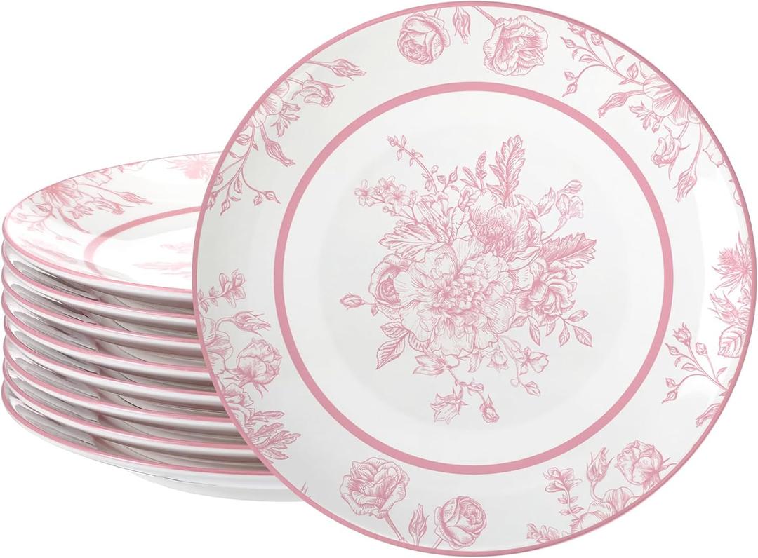 Jinei 8 Pcs Pink Floral Salad Plates Dinnerware Set Chinoiserie Ceramic Round Dessert Serving Plates 8 Inch Dinner Serving Tableware for Kitchen, Microwave Oven Dishwasher Safe