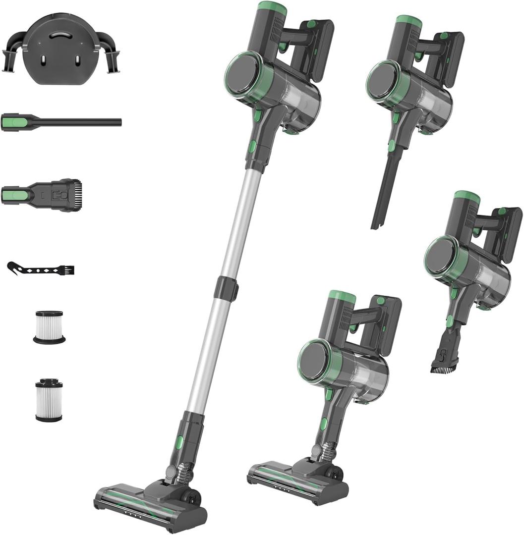 Cordless Vacuum Cleaner, Stick Vac with Tangle-Resistant Design, Up to 50 Minutes, 450W45KPA Powerful Suction, Rechargeable, Lightweight, and Versatile for Carpet, Hard Floor, Pet Hair ASIN (Green)