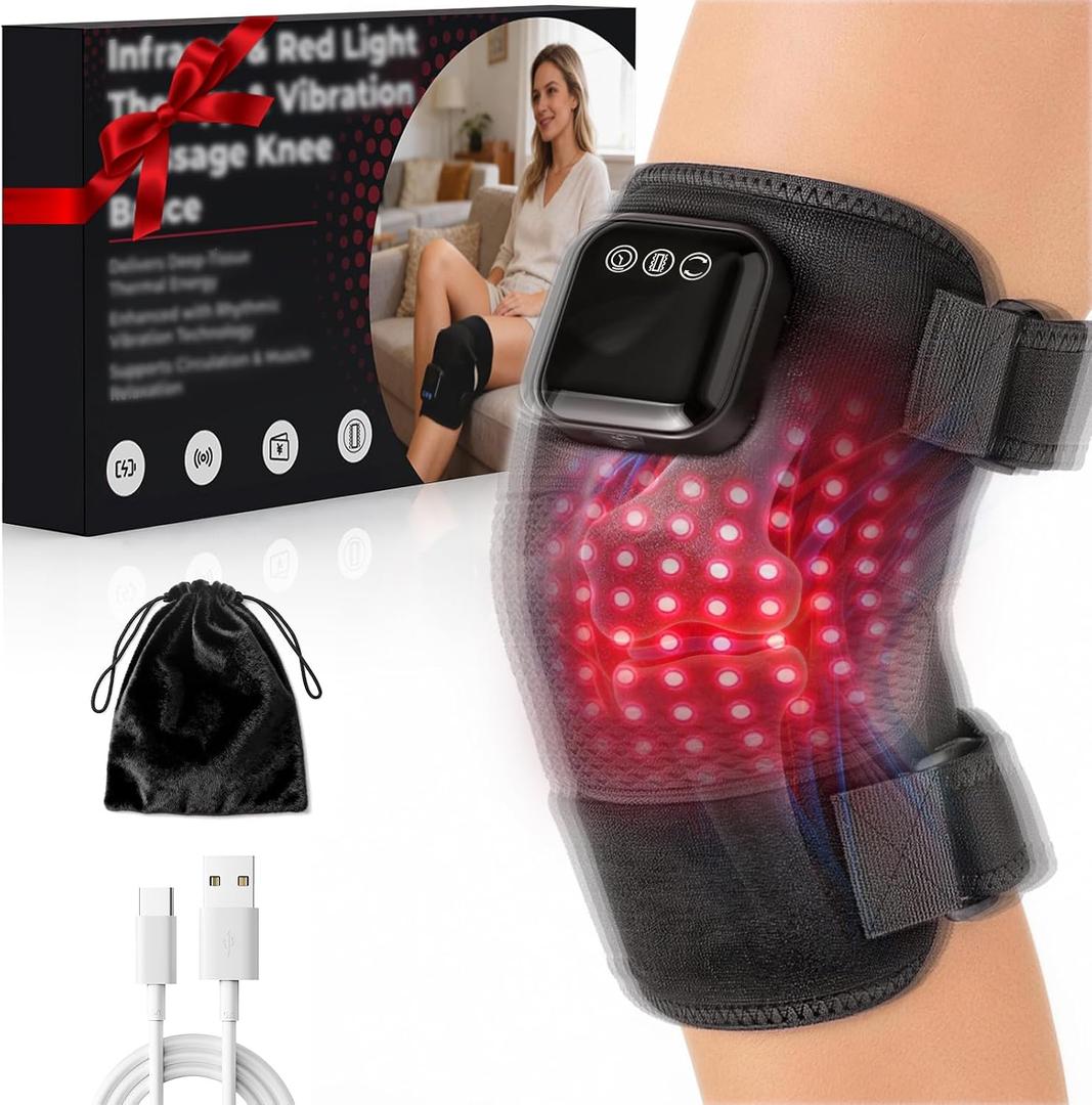 Red Light Therapy Knee Brace: Cordless Vibration Knee Massager for Pain Relief with Heat, Rechargeable Near Infrared Light Device 660nm & 850nm for Knee Shoulder Elbow, Birthday Gift for Dad/Mom