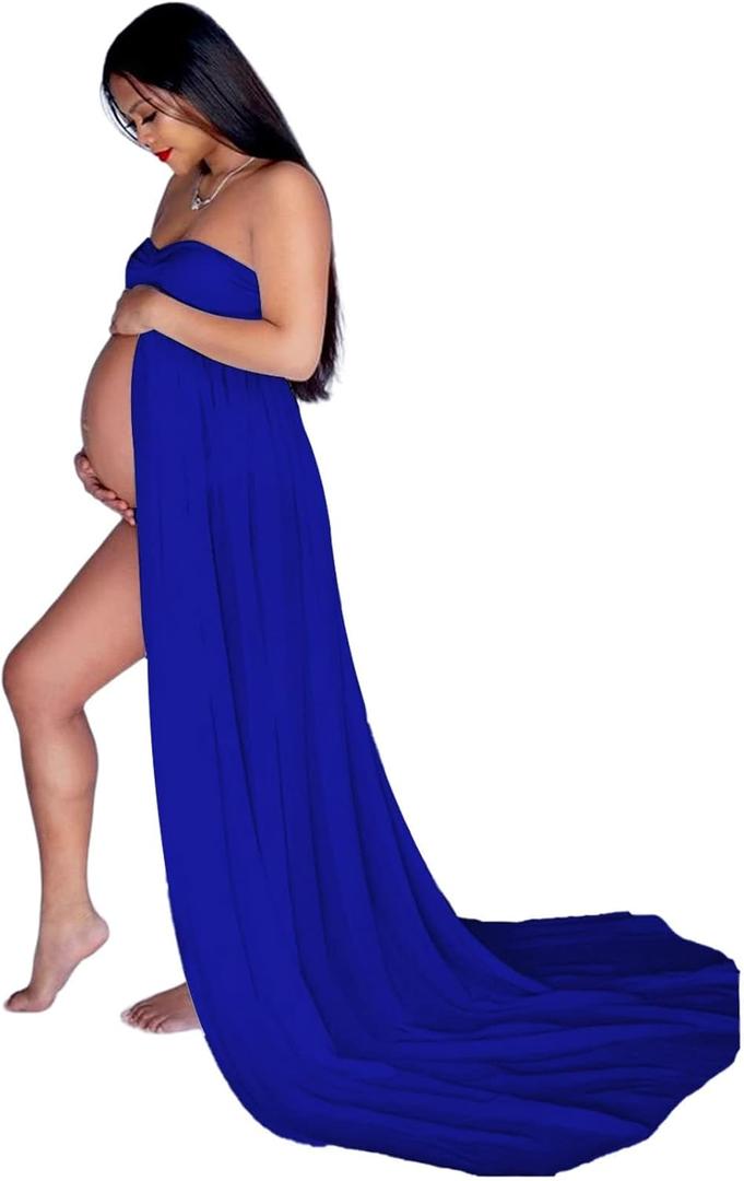YnimioAOX Women's Off Shoulder Strapless Sweetheart Maternity Dress for Photography Split Front Chiffon Gown for Photoshoot (Navy)