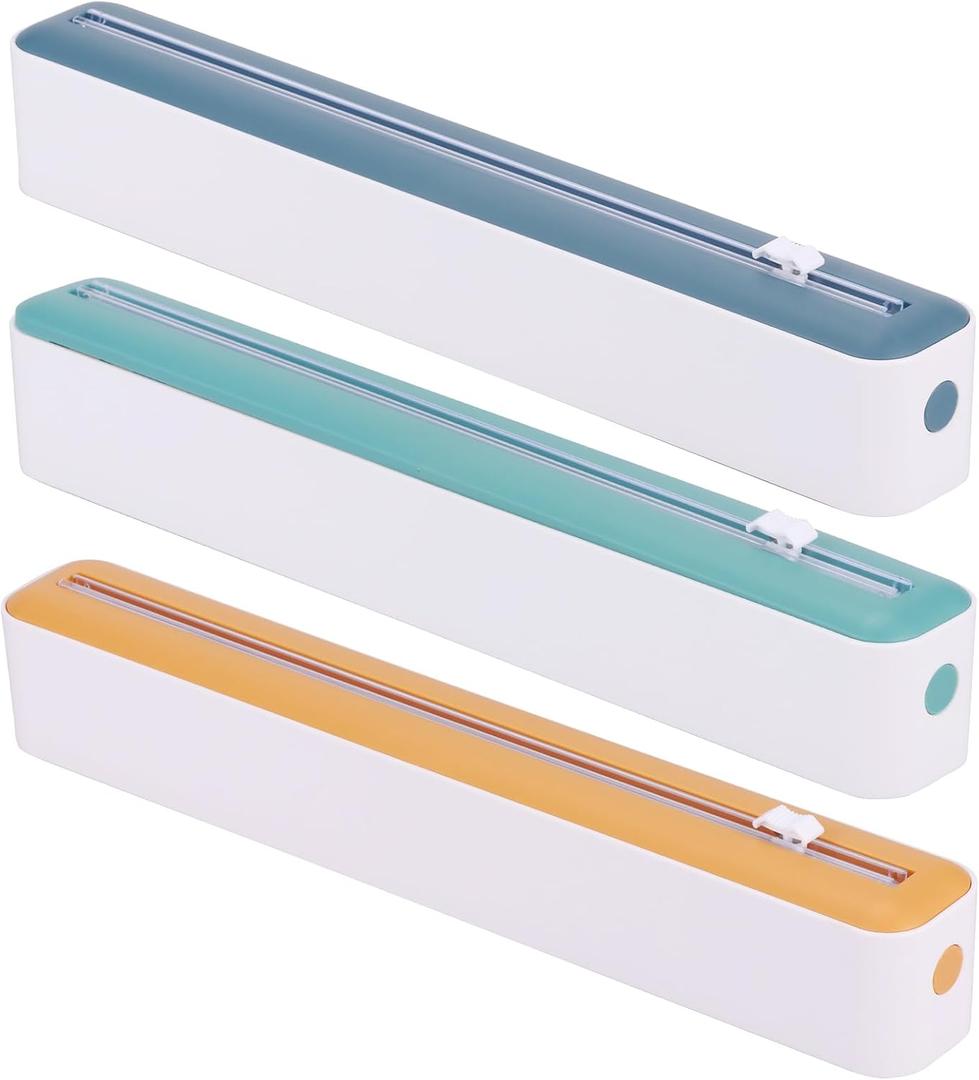 UKQRRTC 3Pcs Plastic Wrap Dispenser with Slide Cutter, Practical Food Wrap Dispenser, Refillable Cling Film Dispenser, Reusable Cling Wrap Dispenser