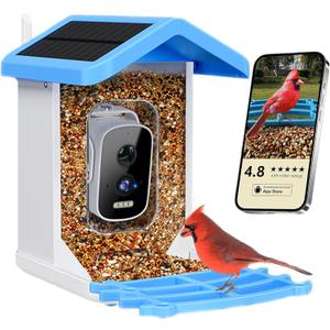 Brookstone Smart Bird Feeder with HD Camera, Solar Powered, AI Bird Identification, Live Stream via WiFi, Night Vision, Weatherproof, Outdoor Backyard Feeder