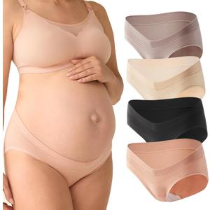 Momcozy Maternity Underwear Seamless, Pregnancy Postpartum Panties Under Bump Maternity Underwear Cotton (Large, Black,almond,oyster Pink,brown-4pk)