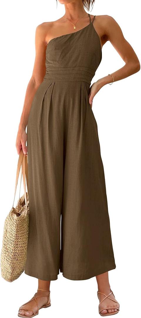ANRABESS Women's Summer Straps One Shoulder High Waist Dressy Casual Wide Leg Linen Jumpsuit Romper Beach Travel Outfits (Brown, S)