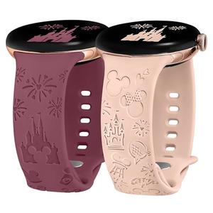 Girovo 2 Packs Cartoon Engraved Bands Compatible with Google Pixel Watch 4/3 41mm/2/1 Band Women, Cute Designer Soft Silicone Sport Straps Wristbands Replacement-Pink & Smoke Violet