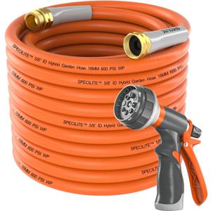 SPECILITE Garden Water Hose 200 ft x 5/8 in Heavy Duty, Flexible and Lightweight, Burst 600 psi, Kink-less Hybrid Rubber Pipe for Backyard, 3/4'' Brass Fittings, Orange