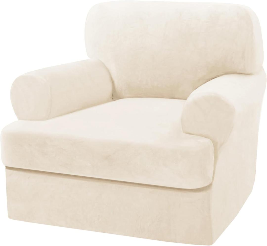 H.VERSAILTEX Sofa Cover 2 Piece T Cushion Armchair Slipcovers Thick Velvet Couch Cover Stretch T Cushion Sofa Covers for 1 Cushion Couch with 1 Individual T Cushion Covers, Cream