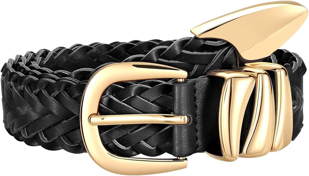 SUOSDEY Braided Leather Belt for Women, 1.2 inch Width Soft Woven Belt for Jeans Pants Dress (L: For Waist 36"39", Black)