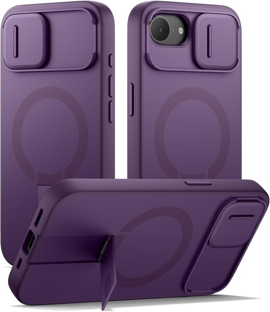 SURITCH for iPhone 17e/16e Case with Magnetic Camera Slide Cover and Adjustable Kickstand, Compatible with MagSafe, Shockproof Bumper Case Slim Protective Cover 6.1 Inch,Dark Purple