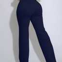 GOKATOSAU Women's Hight Waist Decorative Front Pocket Trousers Straight Wide Leg Long Flared Pants Navy (M)