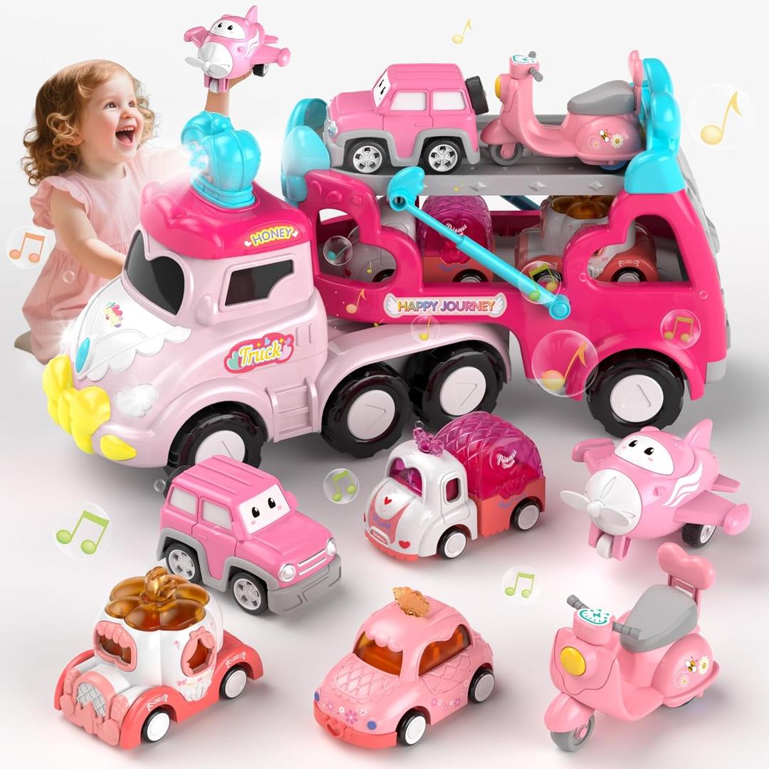 Truck Toys for 2 3 Year Old Girl, 7-in-1 Carrier Truck Car for Toddler Girl, Toys Cars Age 2-3-4 with Light & Music, Birthday Gifts for 2+ 3+ Year Old Girls (Pink&purple&blue)