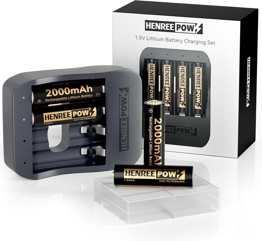 2 x Henreepow AA 1.5V Lithium Rechargeable Battery, Real High Capacity 3000mWh(2000mAh) Li-ion AA Batteries with 1.8H Individual Fast Charger,1600 Cycles, Long Lasting, Constant Output (4 Pack-Black)