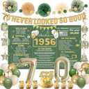 Crenics Green and Gold 70th Birthday Decorations for Men Women - Back in 1956 Backdrop, Banner, Paper Pom Poms, Hanging Swirls, Cake Topper and Balloons for 70 Birthday Party Supplies