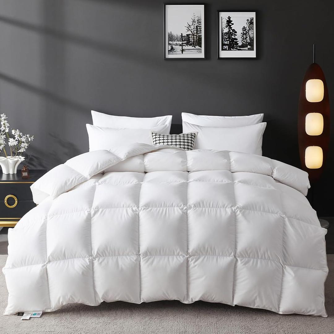 L LOVSOUL Organic 75% Down Fiber Comforter King Size,850+FP,1200TC,Extra Fluffy,Hotel Style,Luxury Ultra Soft All Season White Duvet Insert with 8 Corner Tabs