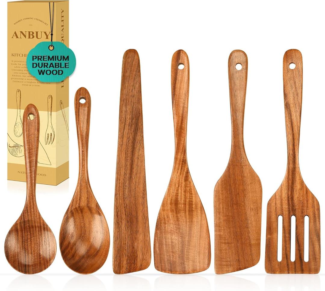 ANBUY Wooden Spoons for Cooking, 6Pcs Kitchen Utensils Set, Heat Resistant Flat Spatulas and Spoons Set for Nonstick Cookware, Smooth Finish, Comfortable Grip(6 Pcs)